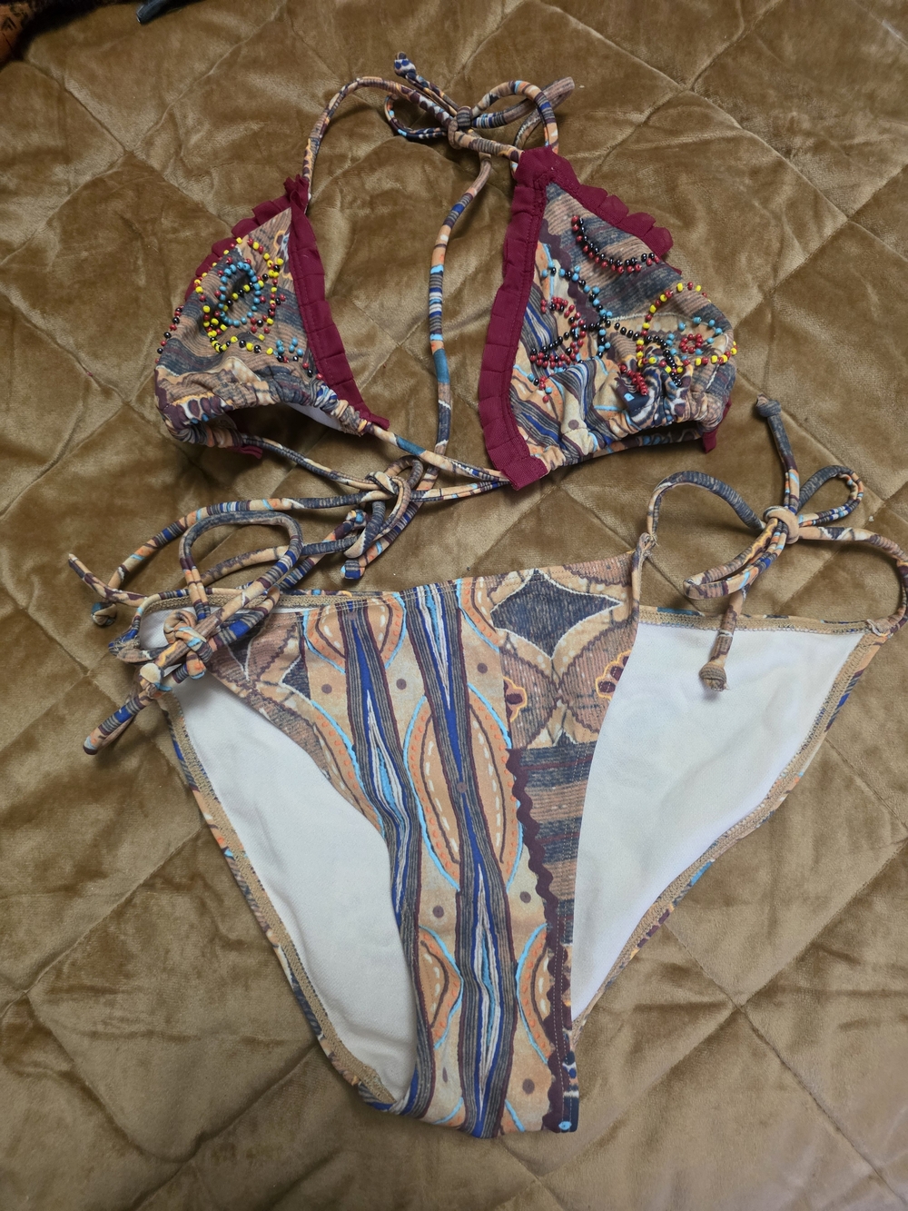 Victoria's Secret Multicolor Beaded Triangle Bikini - Maroon Trim